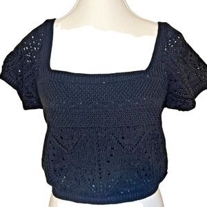 Freshman 1996 Cropped Open Knit Top Womens Size L Black NWT Cottage Boho Boho